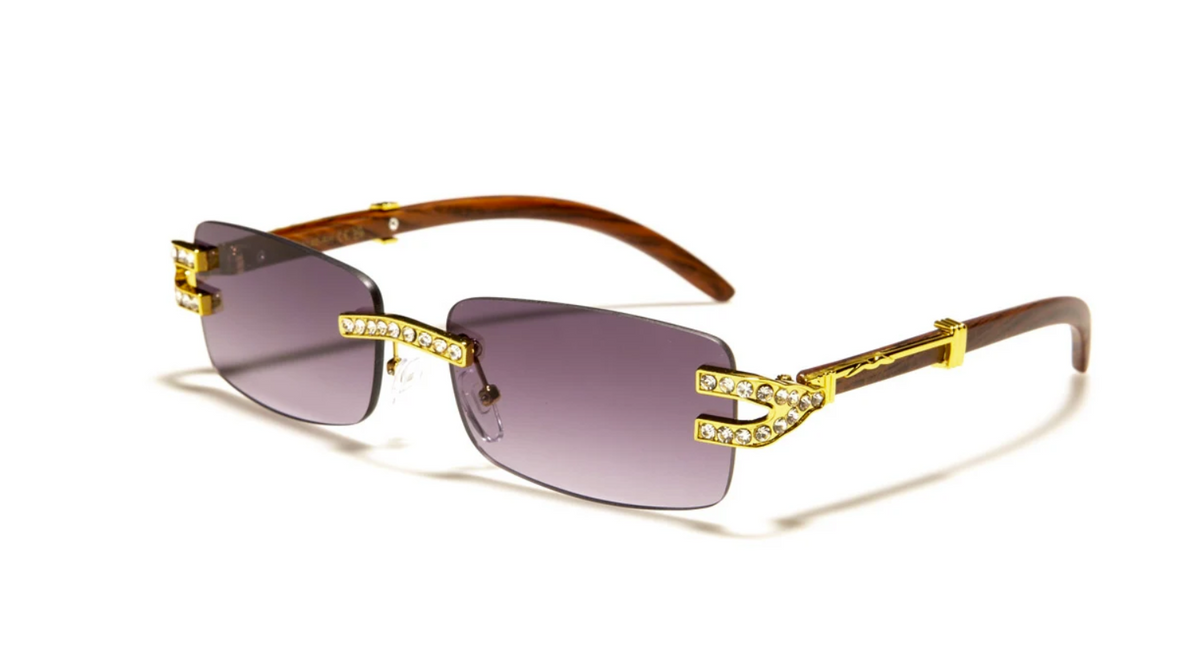 Rimless Wood Print Rhinestone Sunglasses