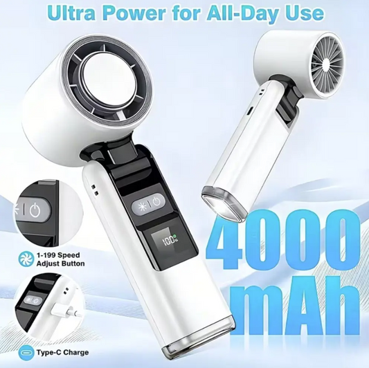 199-Speed Portable Turbo Fan | 4000mAh Rechargeable Cooling Fan with Semiconductor Technology